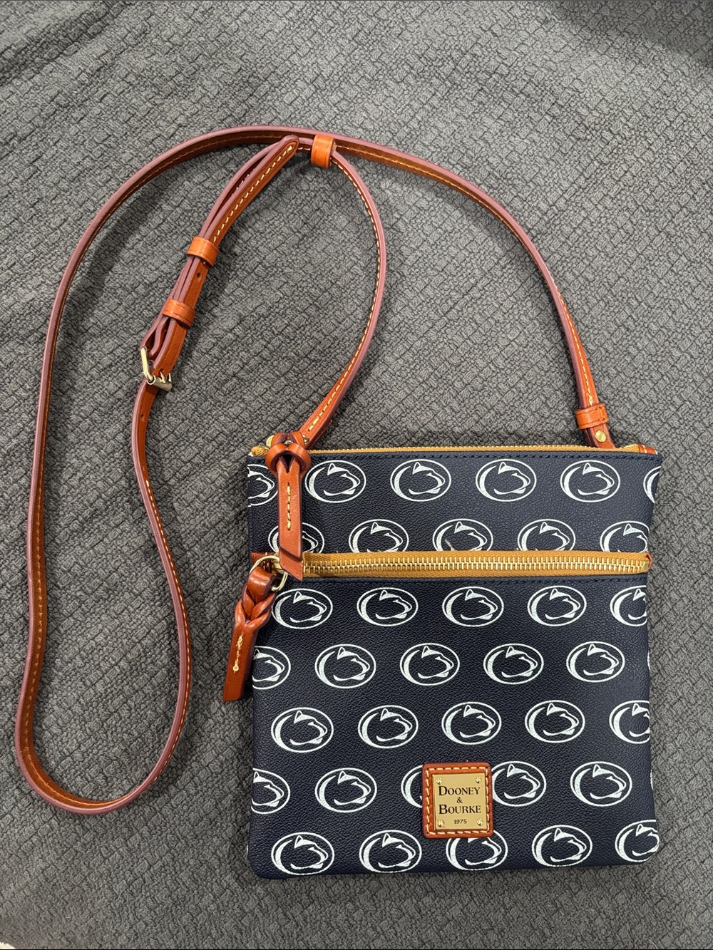Dooney & Bourke Penn State Double Zip Crossbody with Brown Trim